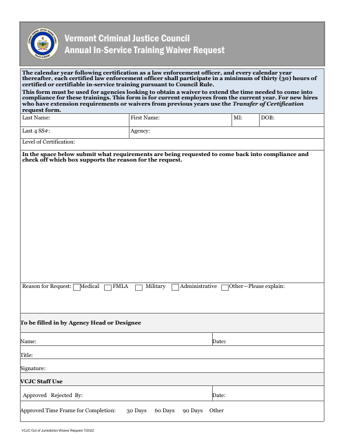 Annual In-Service Training Waiver Request - Vermont Download Pdf