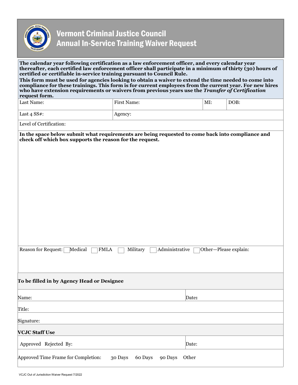 Annual In-Service Training Waiver Request - Vermont, Page 1