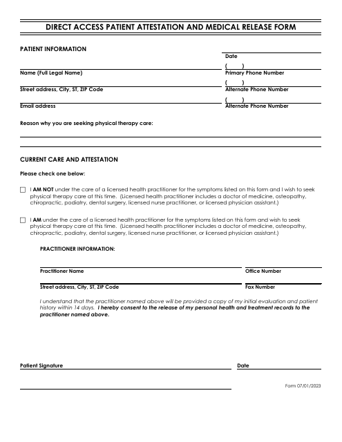 Direct Access Patient Attestation and Medical Release Form - Virginia Download Pdf