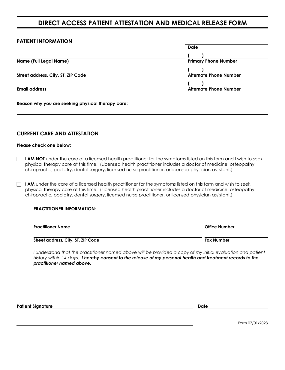 Direct Access Patient Attestation and Medical Release Form - Virginia, Page 1