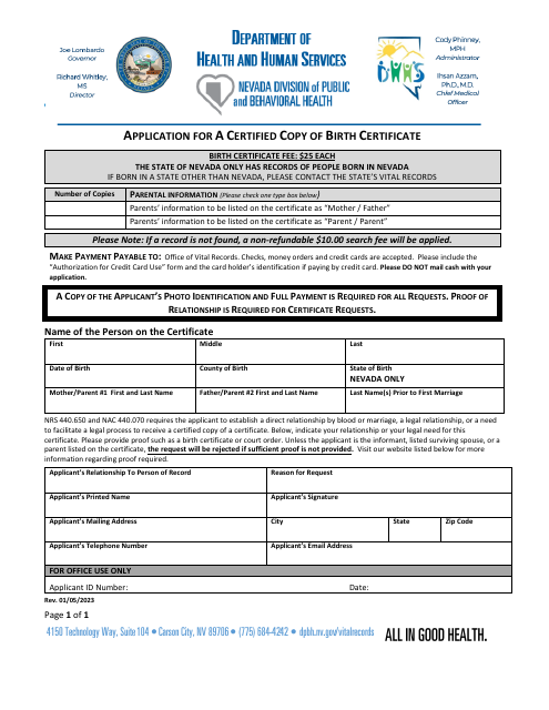 Application for a Certified Copy of Birth Certificate - Nevada