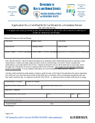 Document preview: Application for a Certified Birth Certificate for a Homeless Person - Nevada