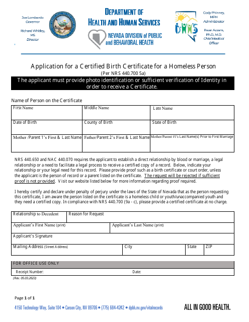 Application for a Certified Birth Certificate for a Homeless Person - Nevada Download Pdf