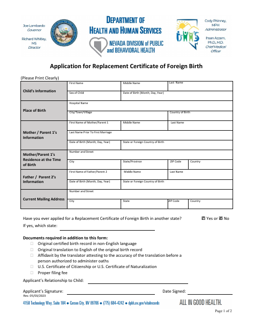 Application for Replacement Certificate of Foreign Birth - Nevada Download Pdf