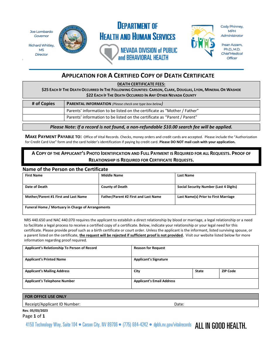 Application for a Certified Copy of Death Certificate - Nevada, Page 1