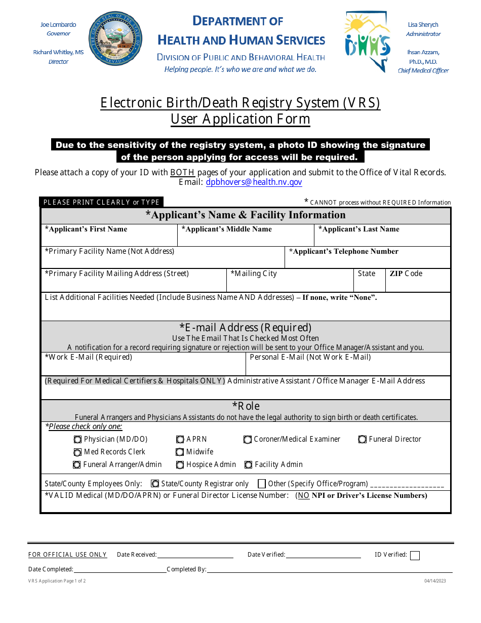 Electronic Birth / Death Registry System (Vrs) User Application Form - Nevada, Page 1