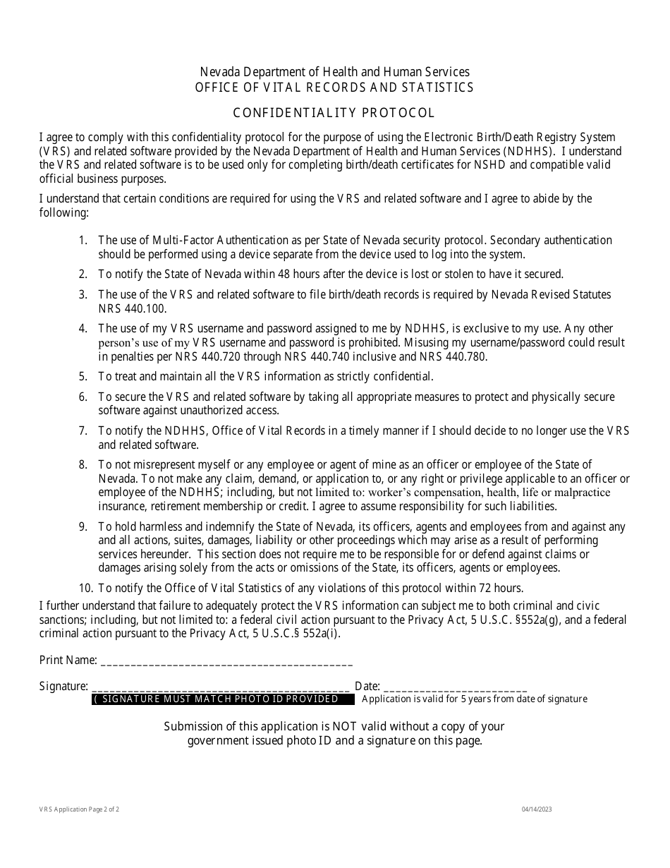 Electronic Birth / Death Registry System (Vrs) User Application Form - Nevada, Page 2