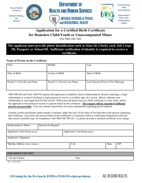 Application for a Certified Birth Certificate for Homeless Child / Youth or Unaccompanied Minor - Nevada Download Pdf