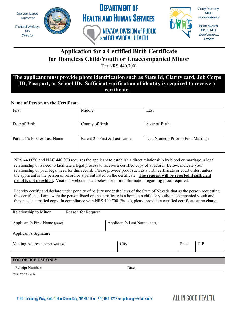 Application for a Certified Birth Certificate for Homeless Child / Youth or Unaccompanied Minor - Nevada, Page 1