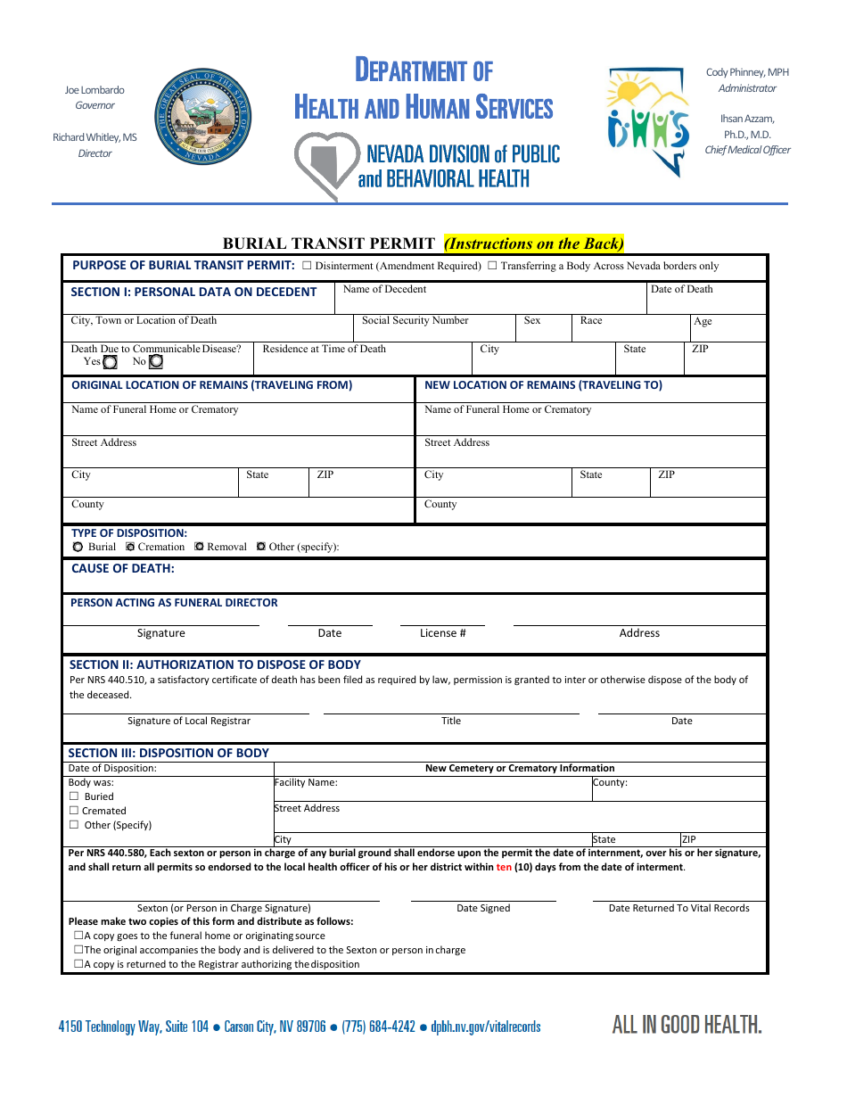 Nevada Burial Transit Permit Fill Out, Sign Online and Download PDF