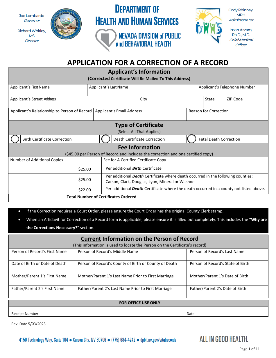 Application for a Correction of a Record - Nevada, Page 1