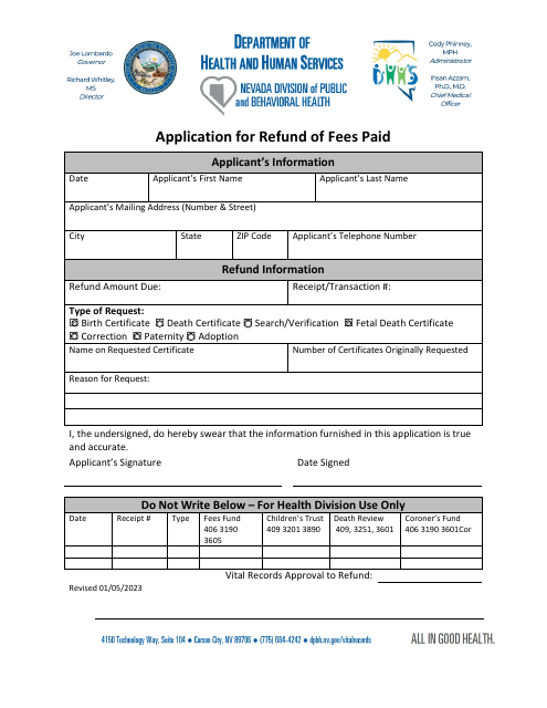 Application for Refund of Fees Paid - Nevada