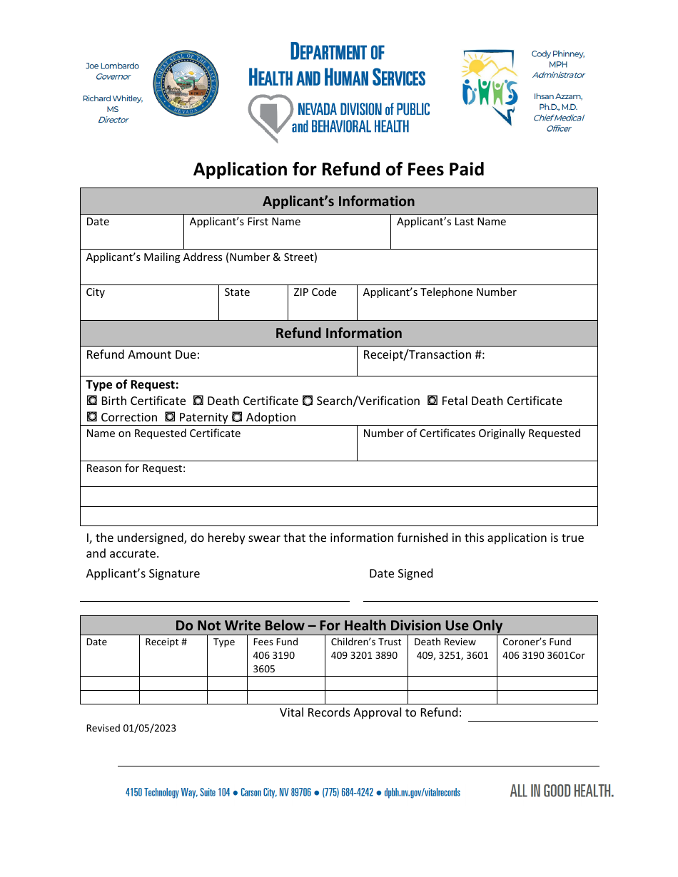 Application for Refund of Fees Paid - Nevada, Page 1
