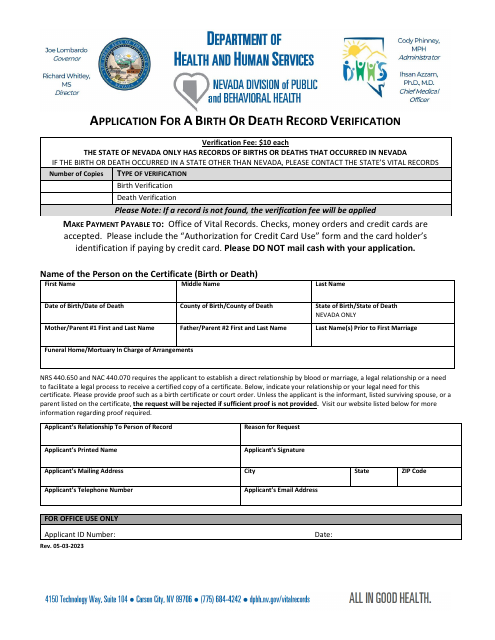 Application for a Birth or Death Record Verification - Nevada
