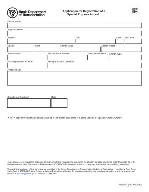 Form AER2584 Application for Registration of a Special Purpose Aircraft - Illinois