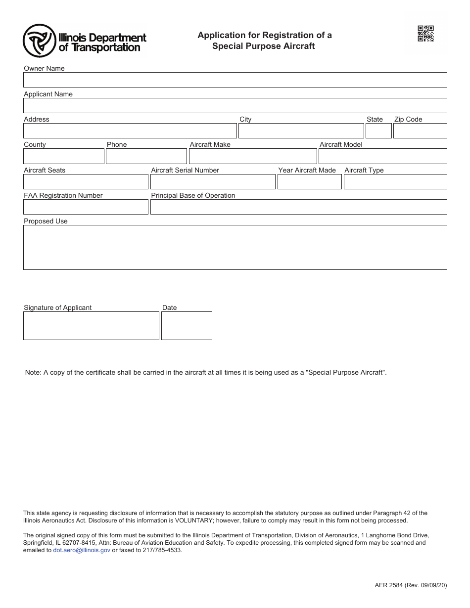 Form AER2584 Application for Registration of a Special Purpose Aircraft - Illinois, Page 1
