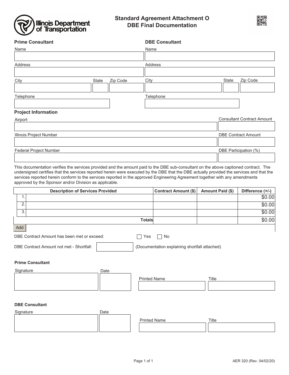 Form AER320 Attachment O Standard Agreement - Dbe Final Documentation - Illinois, Page 1