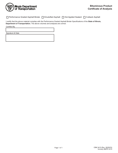 Form CBM3415 Bituminous Product Certificate of Analysis - Illinois