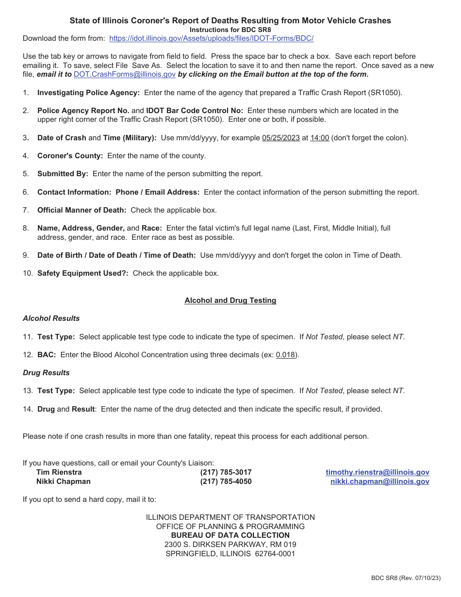 Form BDC SR8 State of Illinois Coroners Report of Deaths Resulting From Motor Vehicle Crashes - Illinois, Page 2