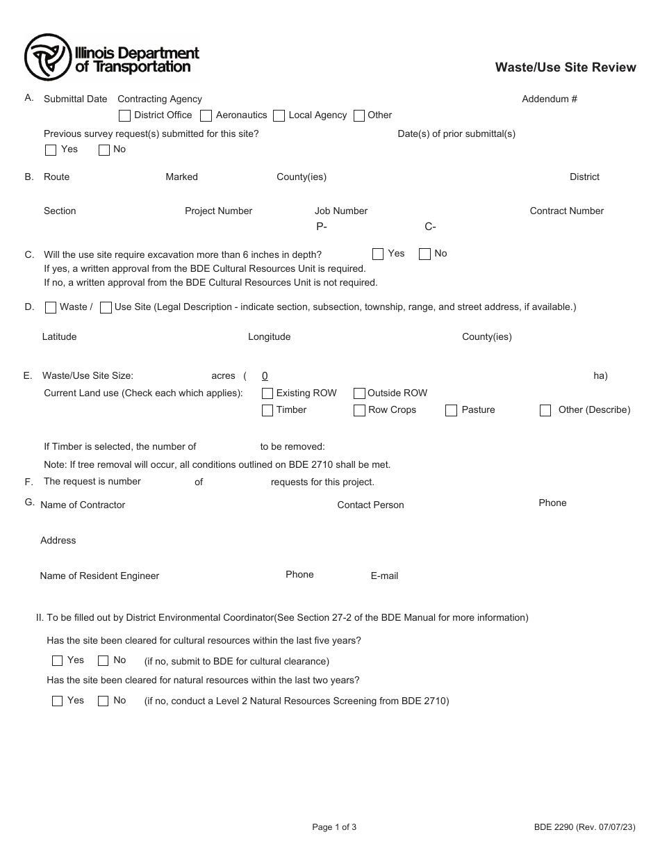 Form BDE2290 Waste / Use Site Review - Illinois, Page 1