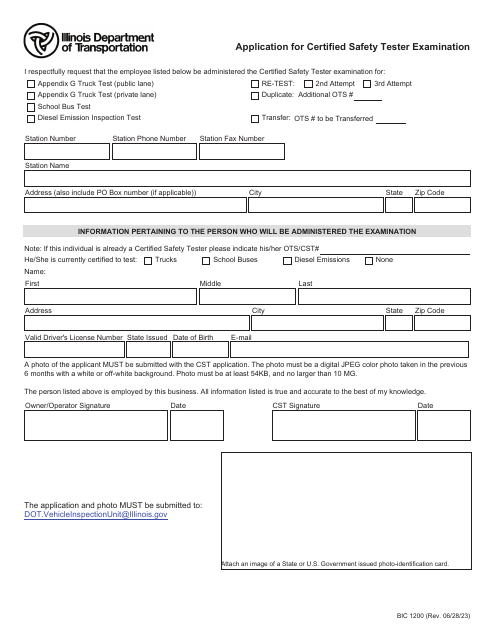 Form BIC1200 Application for Certified Safety Tester Examination - Illinois