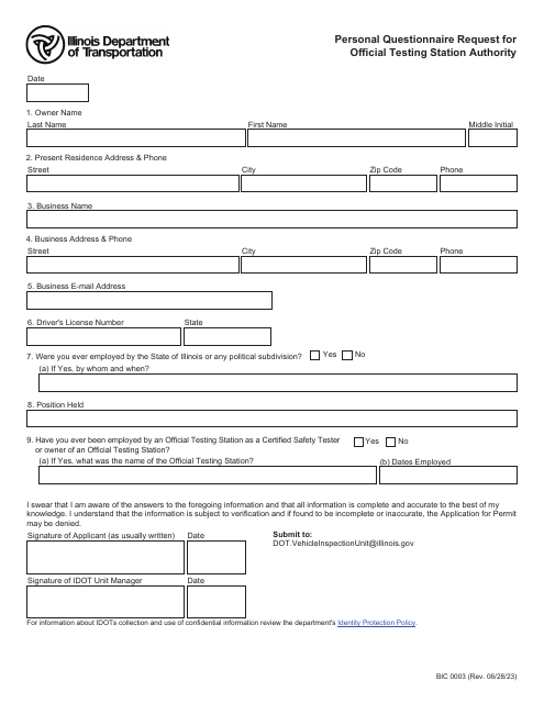 Form BIC0003 Personal Questionnaire Request for Official Testing Station Authority - Illinois