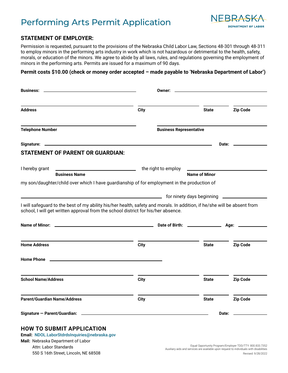 Performing Arts Permit Application - Nebraska, Page 1