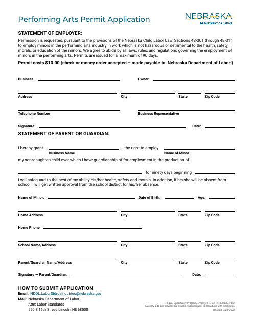 Performing Arts Permit Application - Nebraska Download Pdf