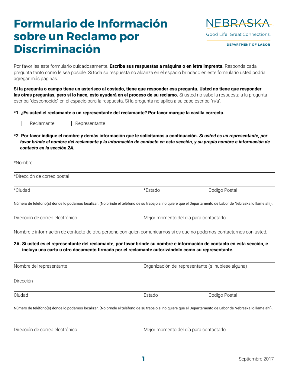Formulario De Informacion Sobre Un Reclamo Por Discriminacion - Nebraska (Spanish), Page 1