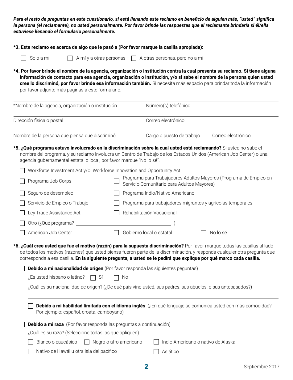 Formulario De Informacion Sobre Un Reclamo Por Discriminacion - Nebraska (Spanish), Page 2