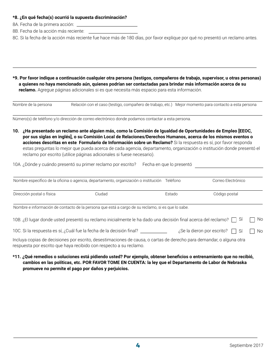 Formulario De Informacion Sobre Un Reclamo Por Discriminacion - Nebraska (Spanish), Page 4