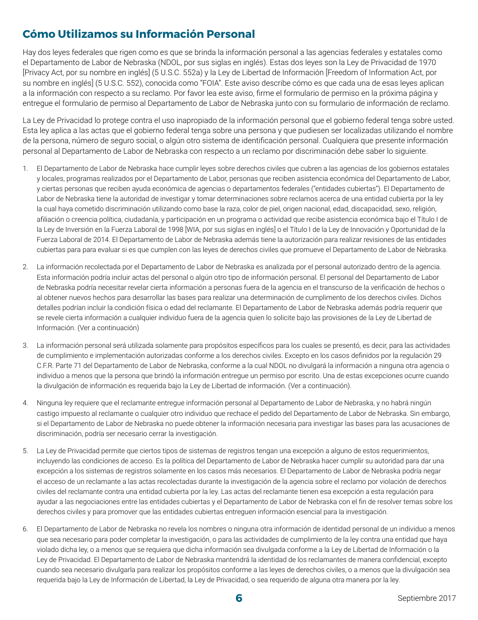 Formulario De Informacion Sobre Un Reclamo Por Discriminacion - Nebraska (Spanish), Page 6
