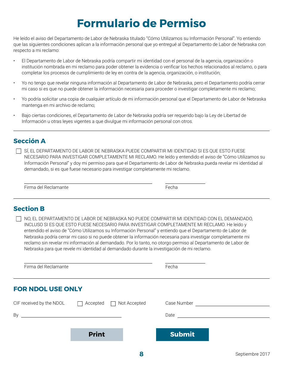 Formulario De Informacion Sobre Un Reclamo Por Discriminacion - Nebraska (Spanish), Page 8