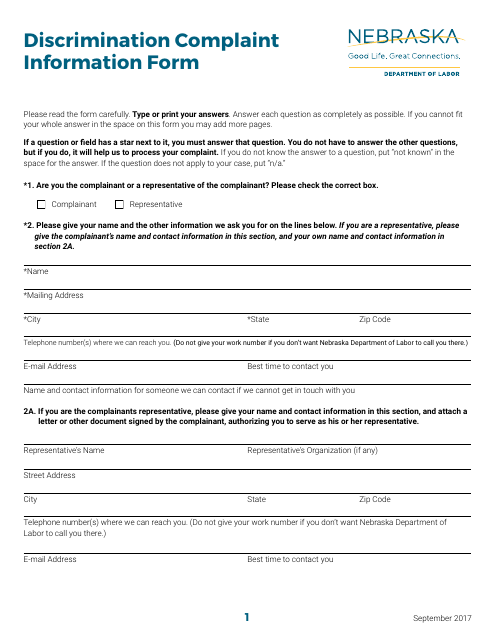 Discrimination Complaint Information Form - Nebraska