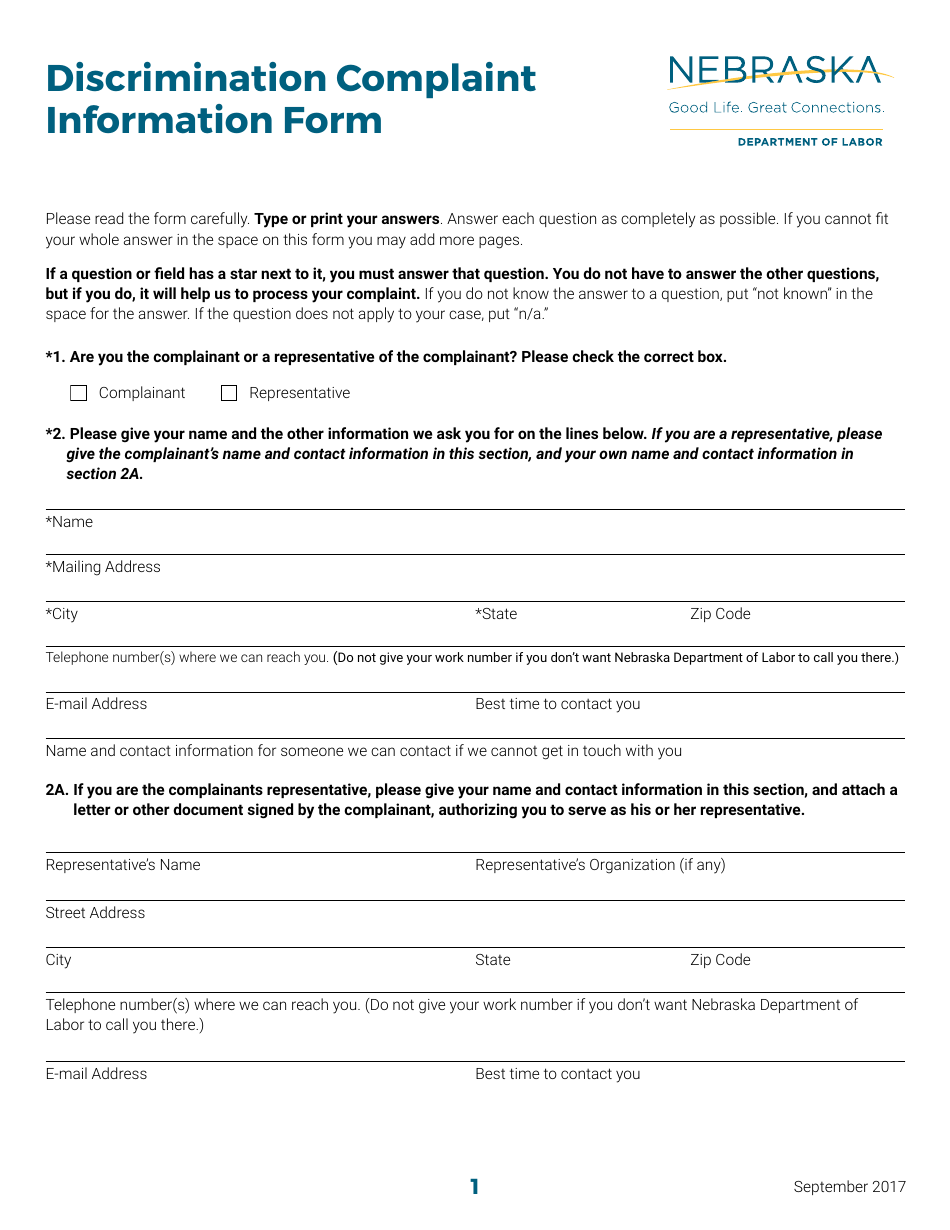 Discrimination Complaint Information Form - Nebraska, Page 1