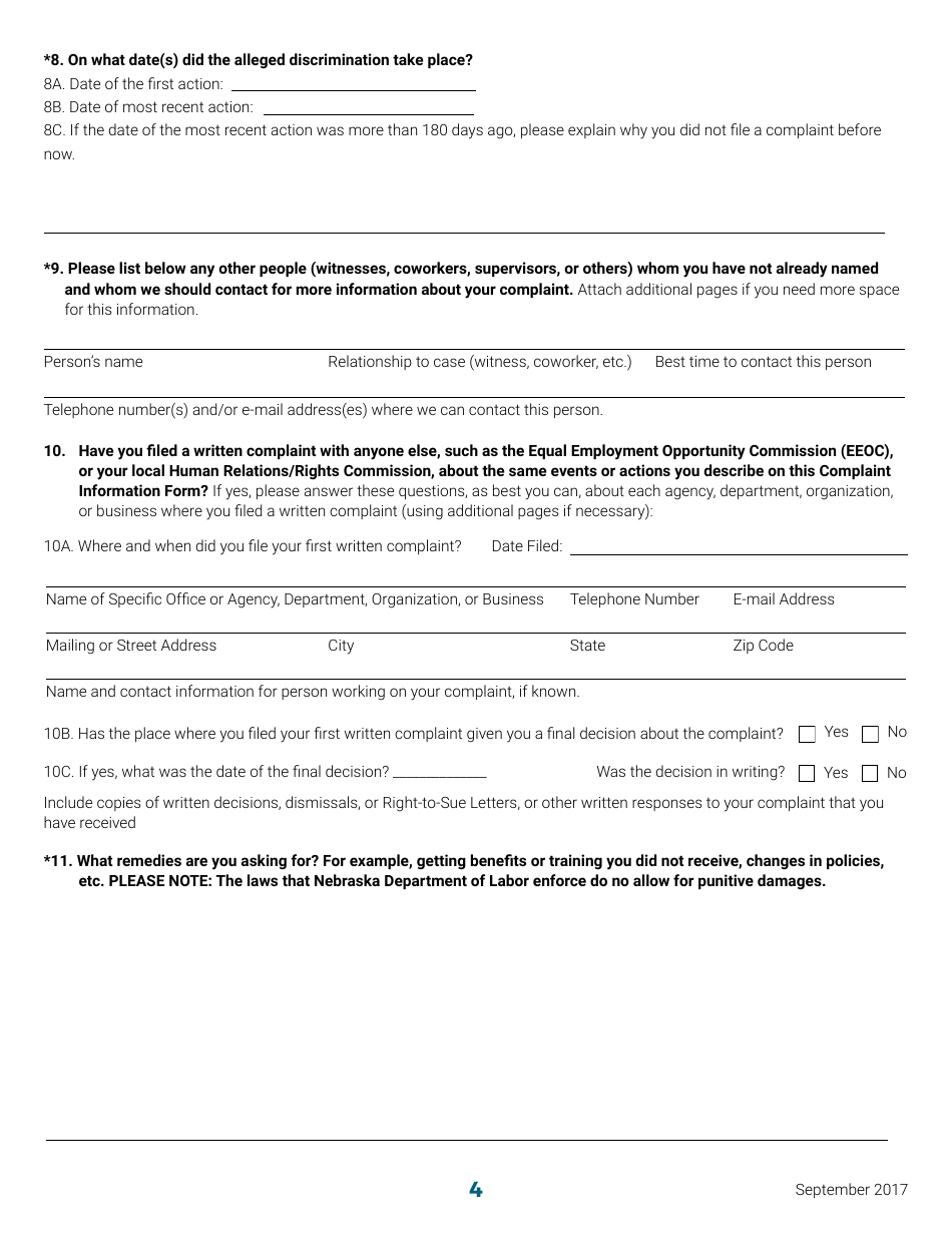 Discrimination Complaint Information Form - Nebraska, Page 4
