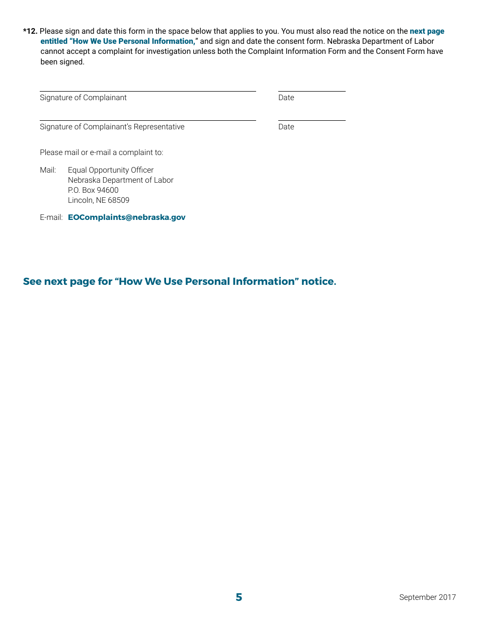 Discrimination Complaint Information Form - Nebraska, Page 5
