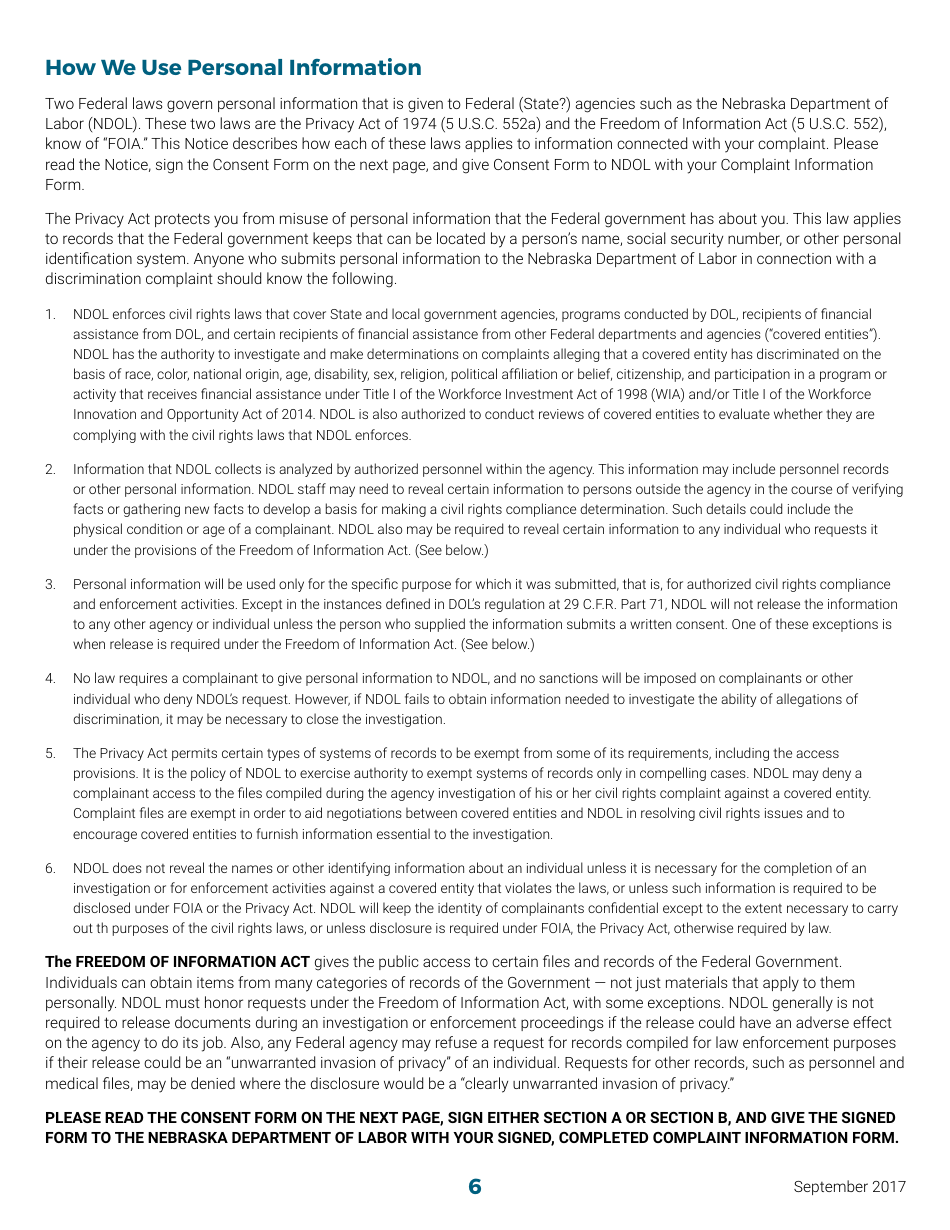 Discrimination Complaint Information Form - Nebraska, Page 6