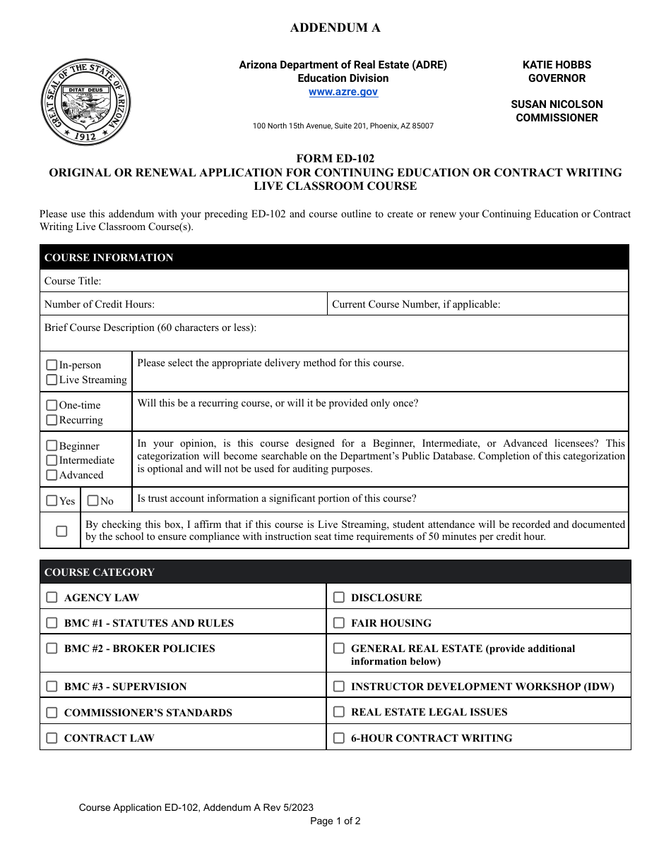 Form ED102 Addendum A Fill Out, Sign Online and Download Fillable