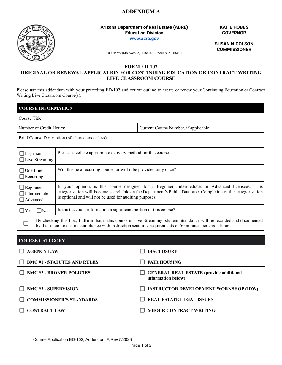 Form ED-102 Addendum A Original or Renewal Application for Continuing Education or Contract Writing Live Classroom Course - Arizona, Page 1