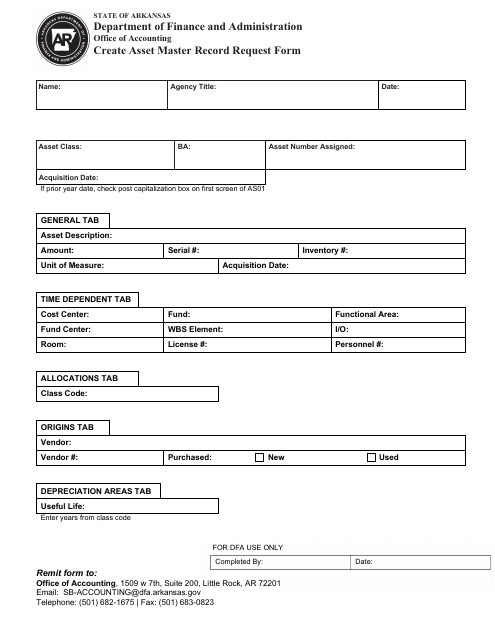 Create Asset Master Record Request Form - Arkansas Download Pdf