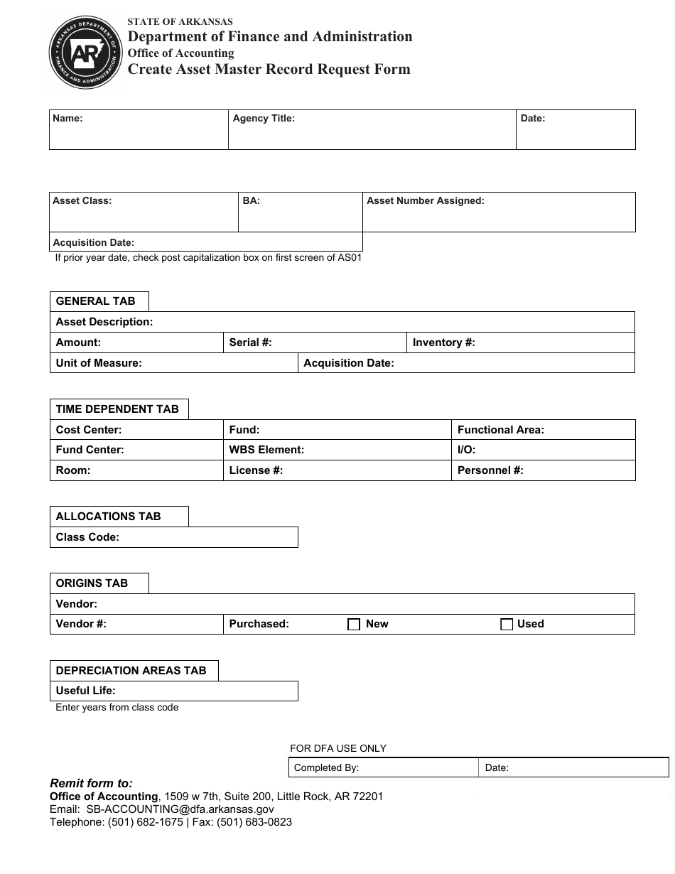 Arkansas Create Asset Master Record Request Form Fill Out, Sign