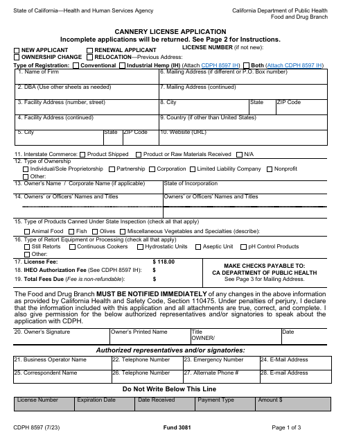 Form CDPH8597 Cannery License Application - California
