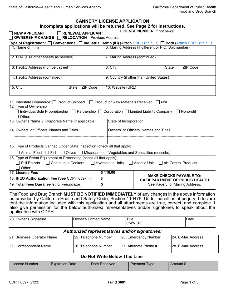 Form CDPH8597 Cannery License Application - California, Page 1
