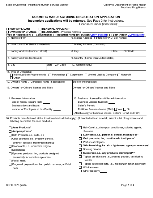 Form CDPH8678 Cosmetic Manufacturing Registration Application - California