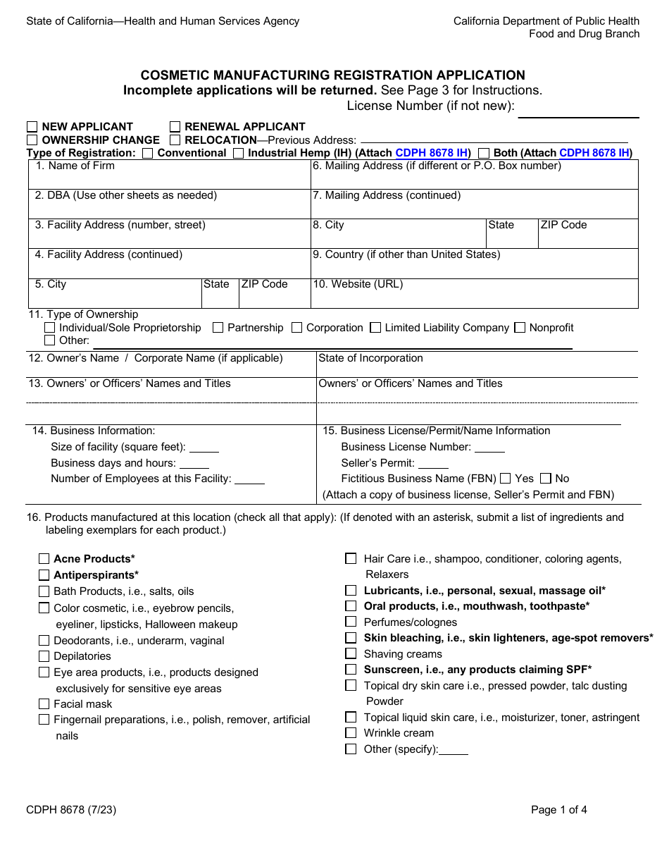 Form CDPH8678 Cosmetic Manufacturing Registration Application - California, Page 1
