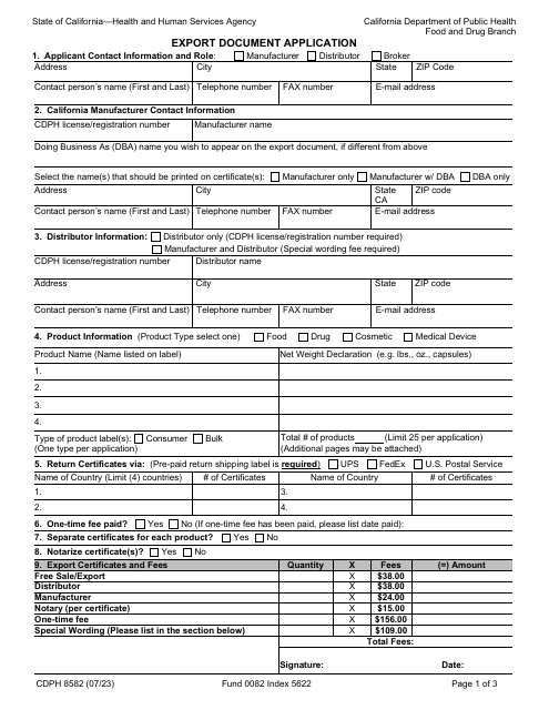 Form CDPH8582 Export Document Application - California