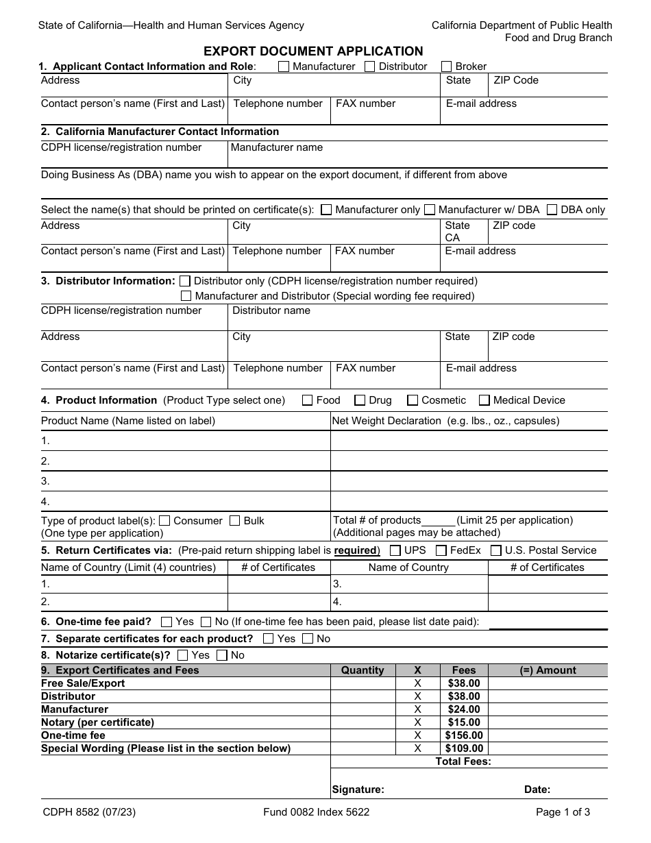Form CDPH8582 Export Document Application - California, Page 1