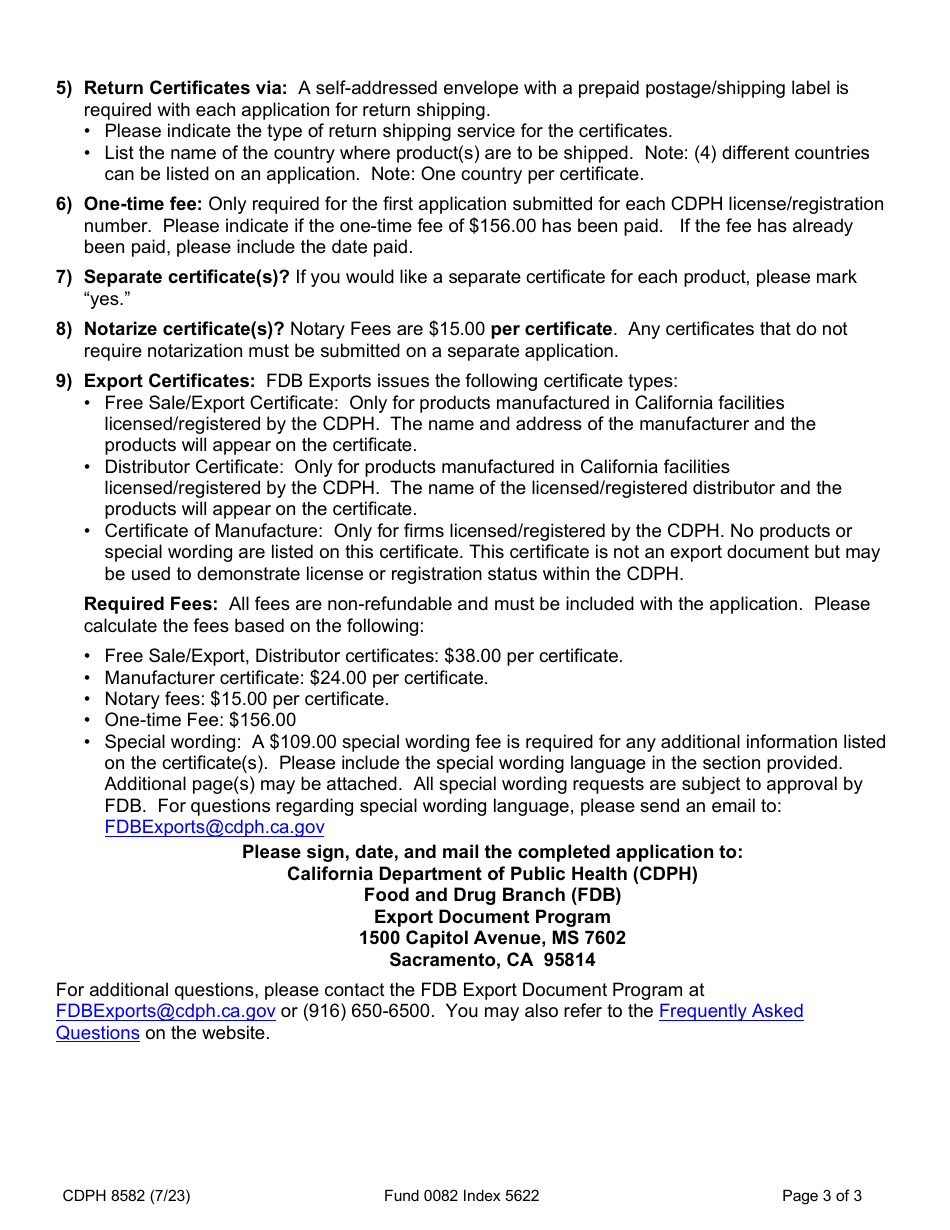 Form CDPH8582 Export Document Application - California, Page 3