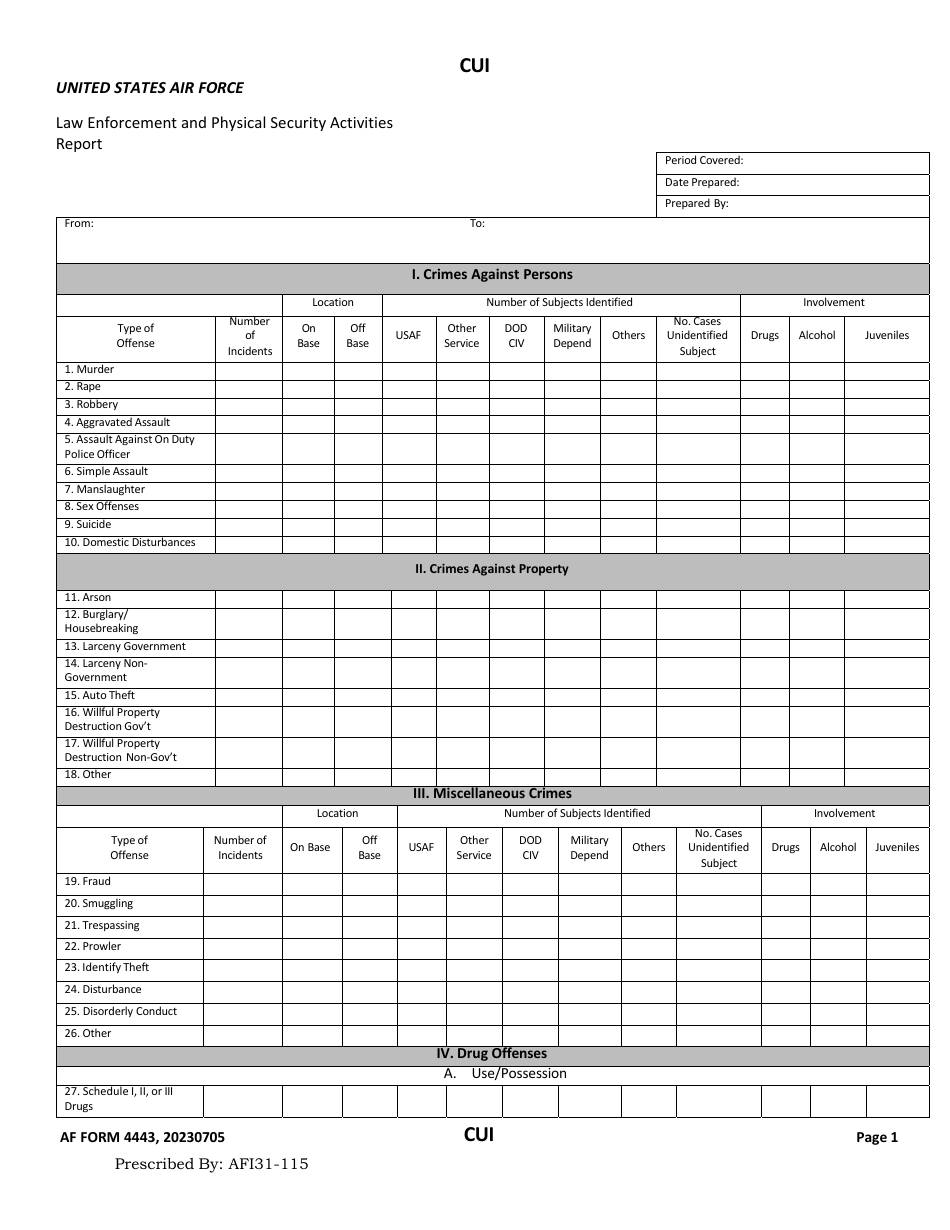 AF Form 4443 Law Enforcement and Physical Security Activities Report, Page 1